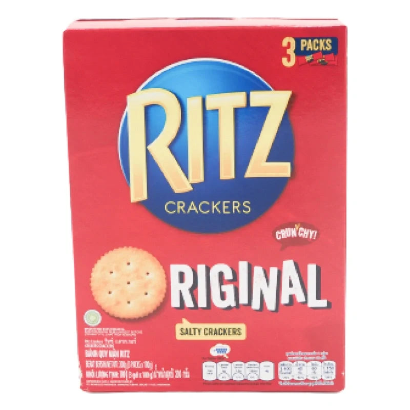 RITZ Ritz Crackers 300g package, dry grocery snack with crispy, golden crackers in a sealed plastic bag.