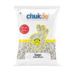 Chuk-De Sabudana in a clear container, showing white tapioca pearls used in traditional Indian dishes.