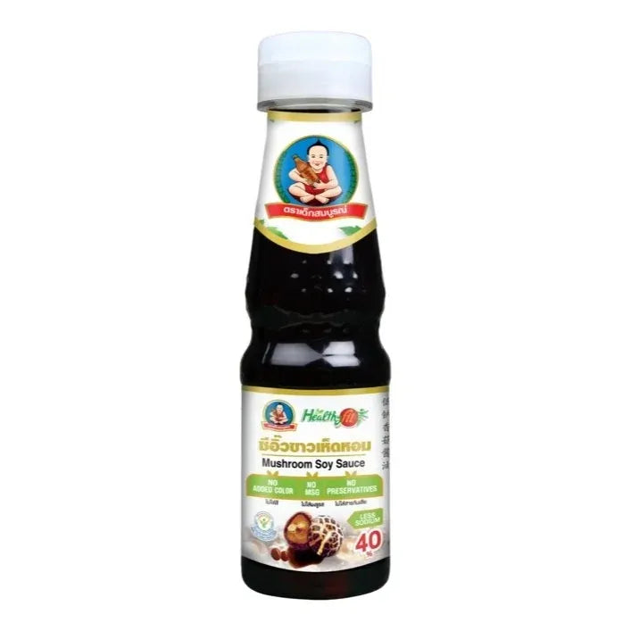 Deksomboon mushroom soy sauce less sodium in 150ml bottle, traditional Asian dry grocery ingredient with rich mushroom flavor.