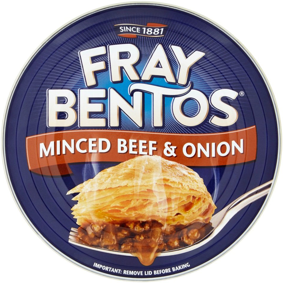 Fray Bentos Minced Beef & Onion Pie in a baking dish, showcasing a golden crust and hearty beef and onion filling.