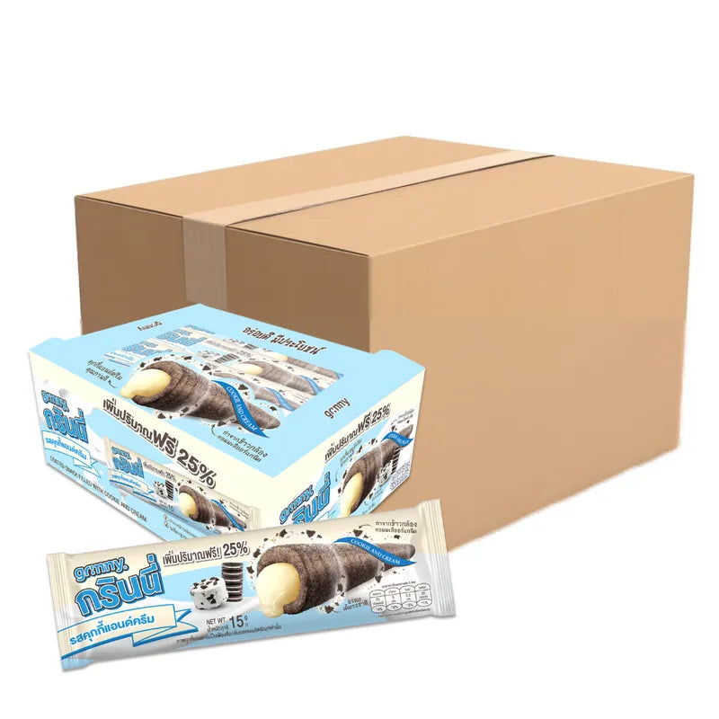 Grinny Cookie and Cream Coated Snack filled, 15g x12 pack, sweet confectionery snack with cookie and cream coating, dry grocery.