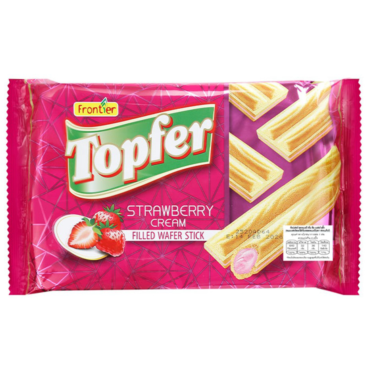 Frontier Topfer Strawberry Cream Filled Wafer Stick, a sweet confectionery snack with crispy wafer and strawberry cream filling.