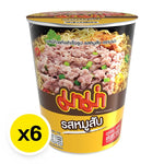 Mama Cup Instant Noodles Minced Pork flavor, 60g x6 pack, dry grocery product with steaming noodles and minced pork in a cup.