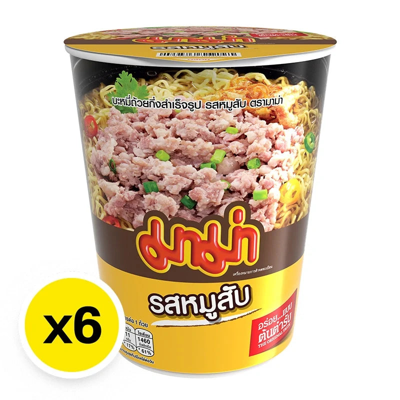 Mama Cup Instant Noodles Minced Pork flavor, 60g x6 pack, dry grocery product with steaming noodles and minced pork in a cup.