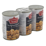 MICA Mica Whole Champignon Mushrooms in brine, 400g cans, stacked in a row, showcasing the label and fresh mushrooms inside