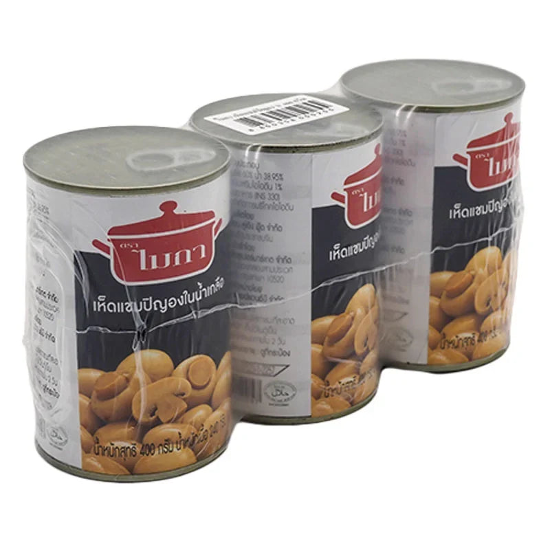 MICA Mica Whole Champignon Mushrooms in brine, 400g cans, stacked in a row, showcasing the label and fresh mushrooms inside