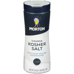 Morton Coarse Kosher Salt granules in a clear container, used for cooking and seasoning in grocery kitchen applications.