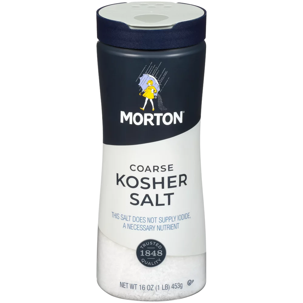 Morton Coarse Kosher Salt granules in a clear container, used for cooking and seasoning in grocery kitchen applications.