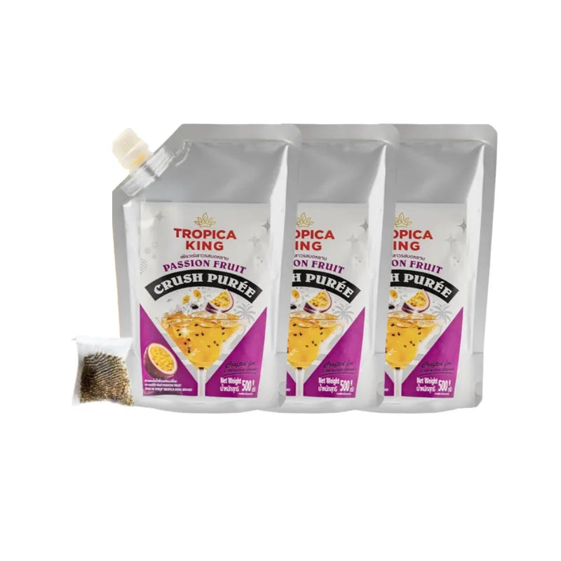 TROPICA KING coarsely pureed fruit concentrate in a dry grocery package, showcasing the textured fruit puree in the image.