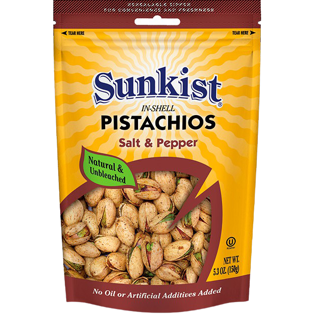 Sunkist Salt & Black Pepper Pistachios in a clear bowl, showcasing salted and peppered roasted pistachio nuts as confectionery snacks.