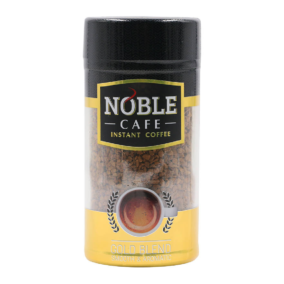 Glass of Noble Cafe Gold drink with a golden color in a clear glass, featuring a straw and a straw in a modern setting.