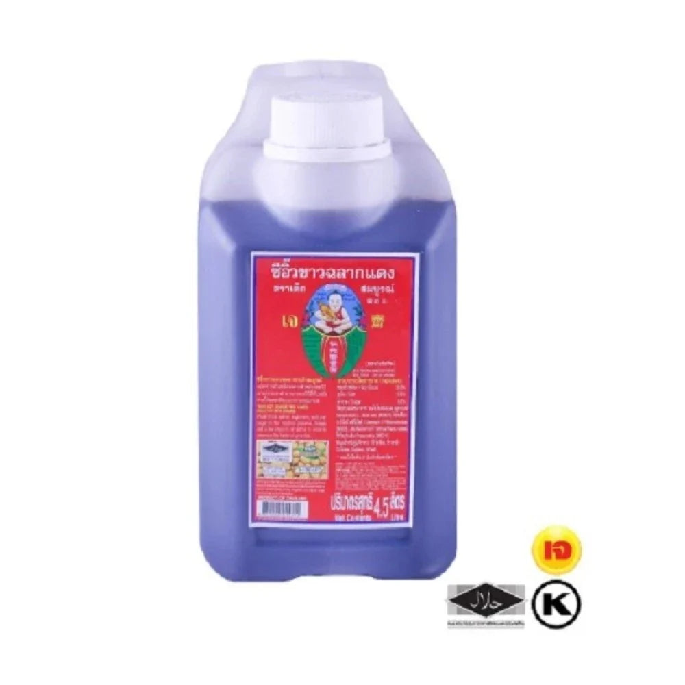 Deksomboon Thin Soy Sauce 4.5L bottle, traditional dry grocery product, with clear label and dark soy sauce inside.