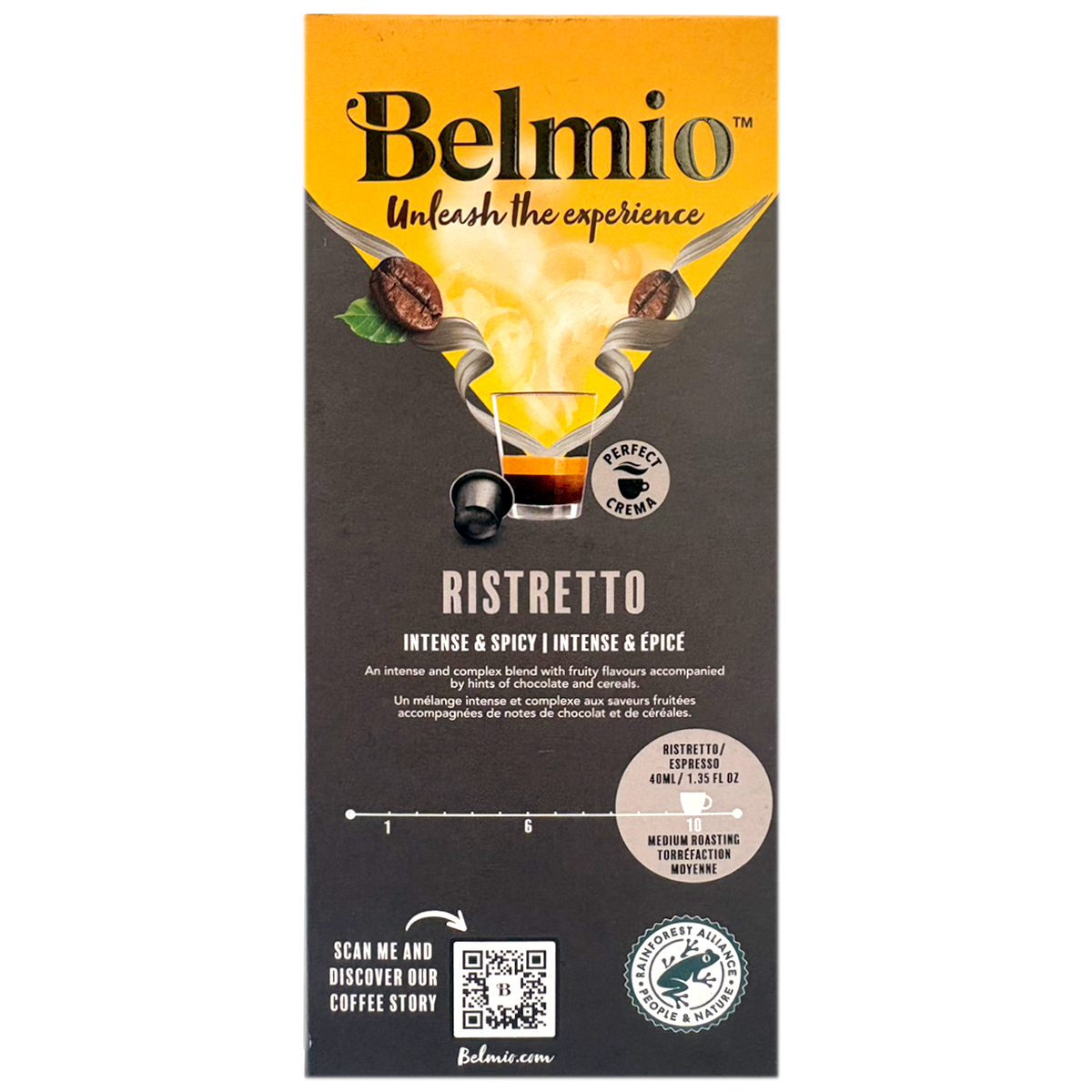 Belmio Ristretto coffee capsules, 10-pack, for easy brewing of rich, bold espresso-style drinks.