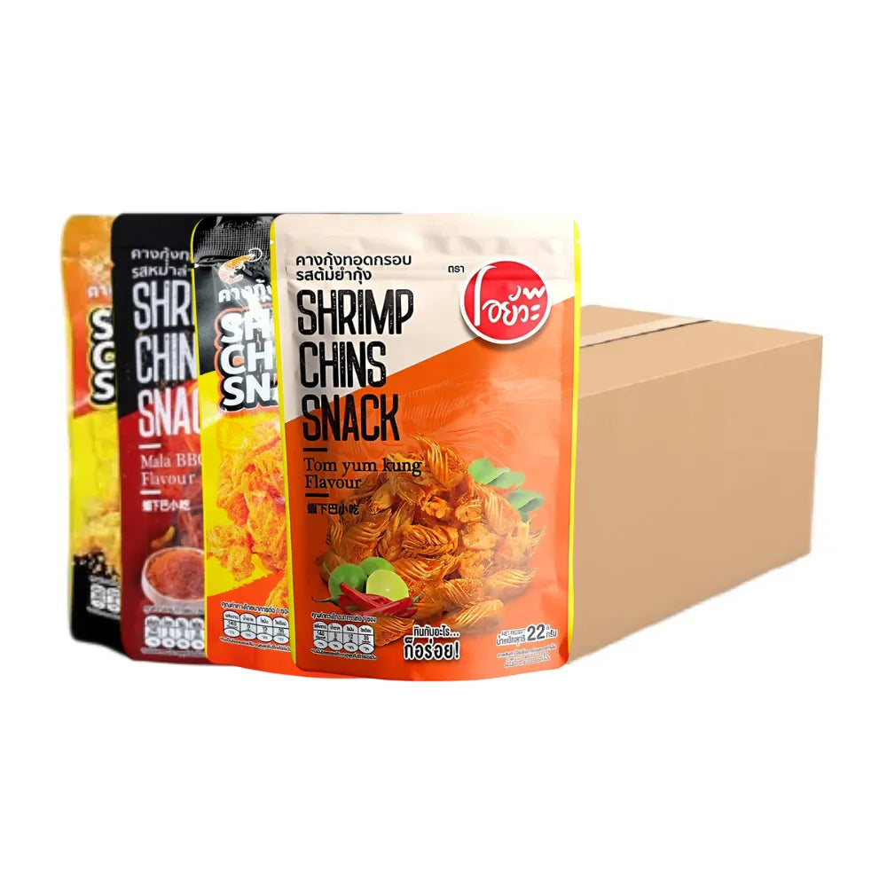 O-yua Crispy Fried Shrimp Chin snack in 22g package, featuring assorted crunchy shrimp snack with golden fried appearance.