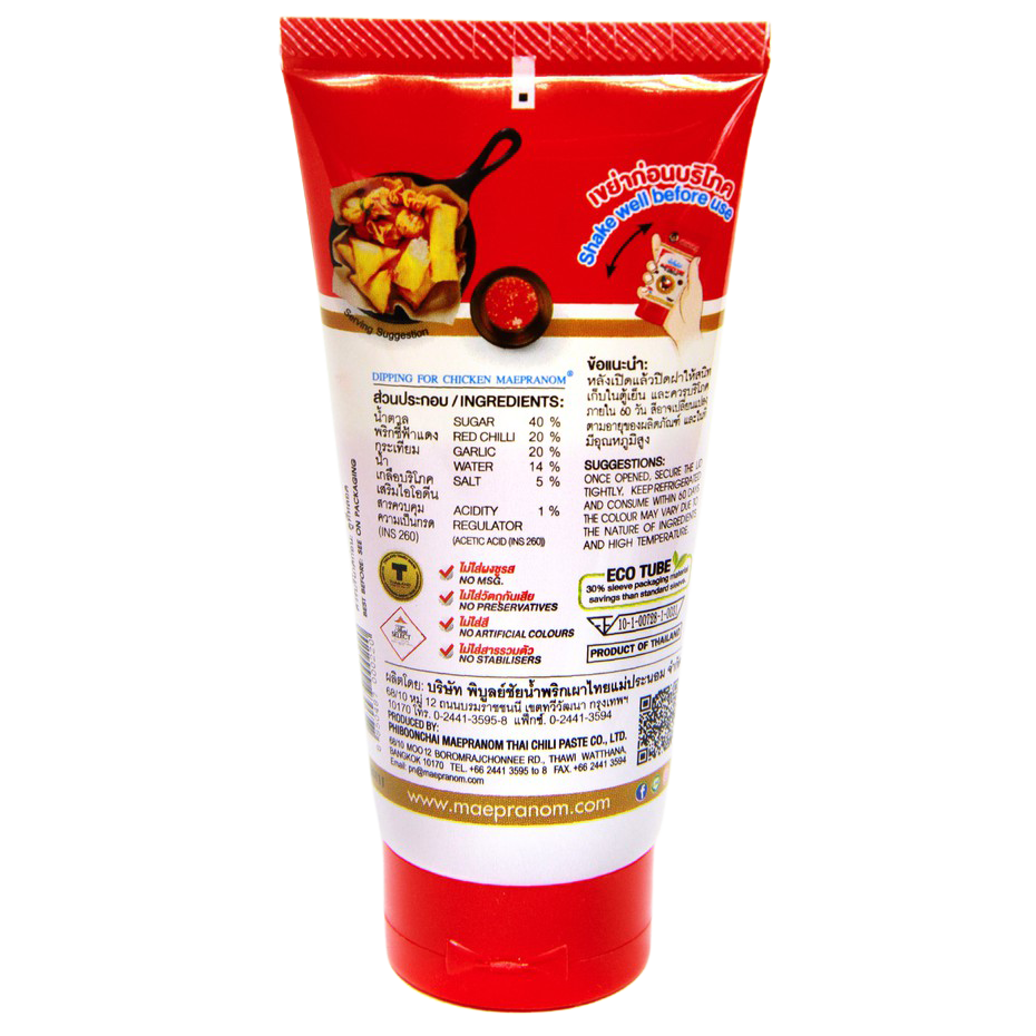 Mae Pranom Sweet Chilli Sauce bottle, grocery product with red and yellow label, showing the sauce inside the transparent container.