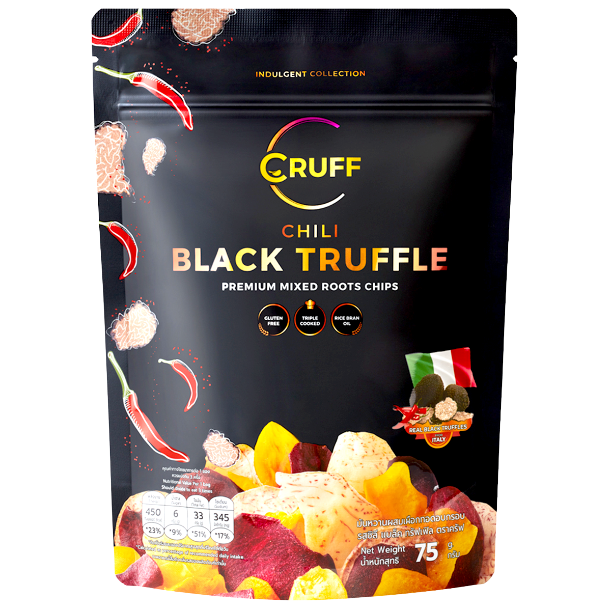 Cruff Mixed Root Chips with chili and black truffle flavor, showing crispy snack chips in a close-up shot.