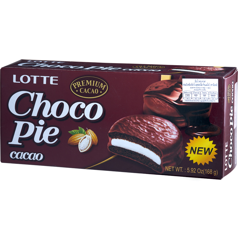 Lotte Choco Pie Cacao confectionery snack with chocolate coating and creamy filling, displayed on a white background.
