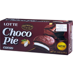 Lotte Choco Pie Cacao confectionery snack with chocolate coating and creamy filling, displayed on a white background.