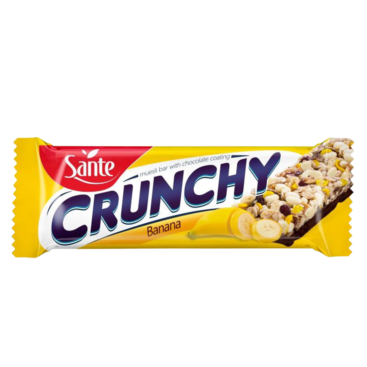 Sante Muesli Bar Banana with Chocolate, a healthy snack bar featuring banana and chocolate ingredients, on a grocery shelf.