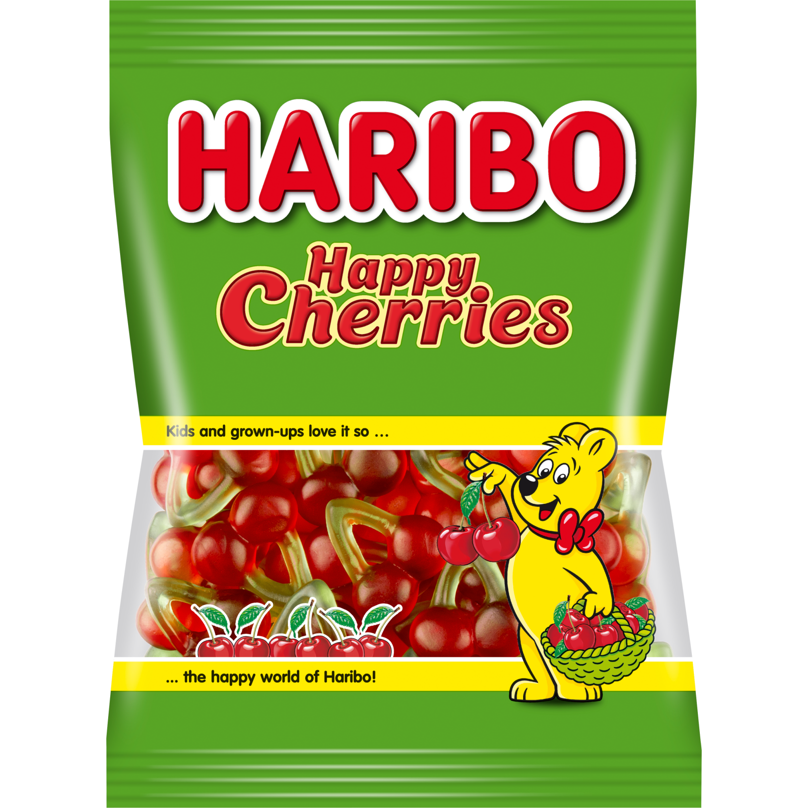 Haribo Happy Cherries Jelly confectionery snacks in colorful cherry-shaped gummies in a clear bag.