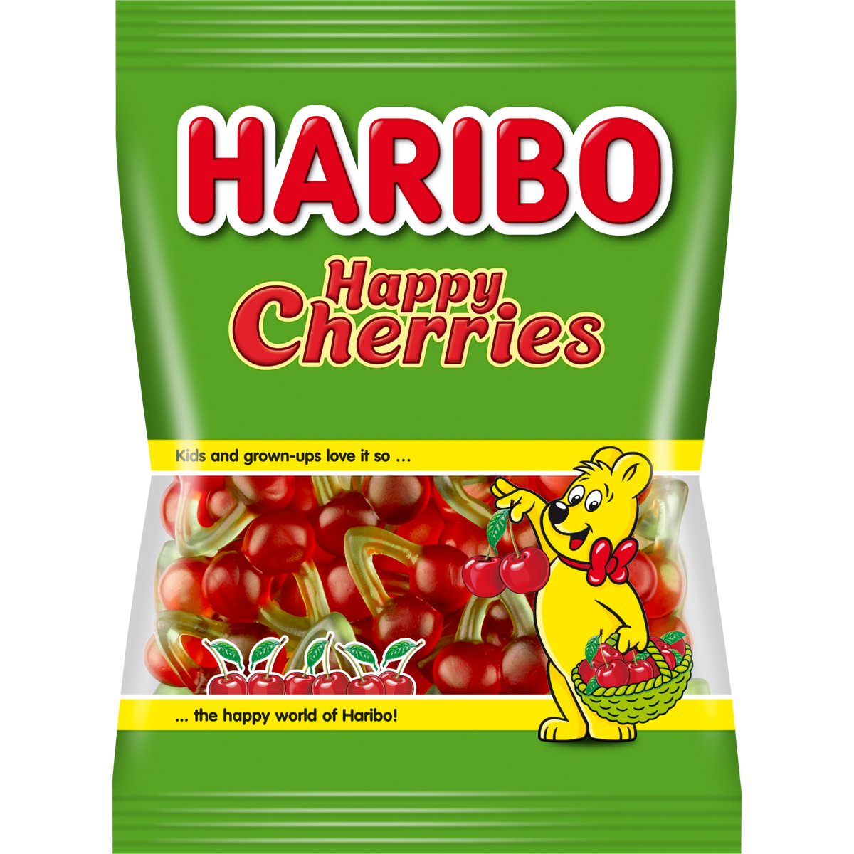 Haribo Happy Cherries Jelly confectionery snacks in colorful cherry-shaped gummies in a clear bag.