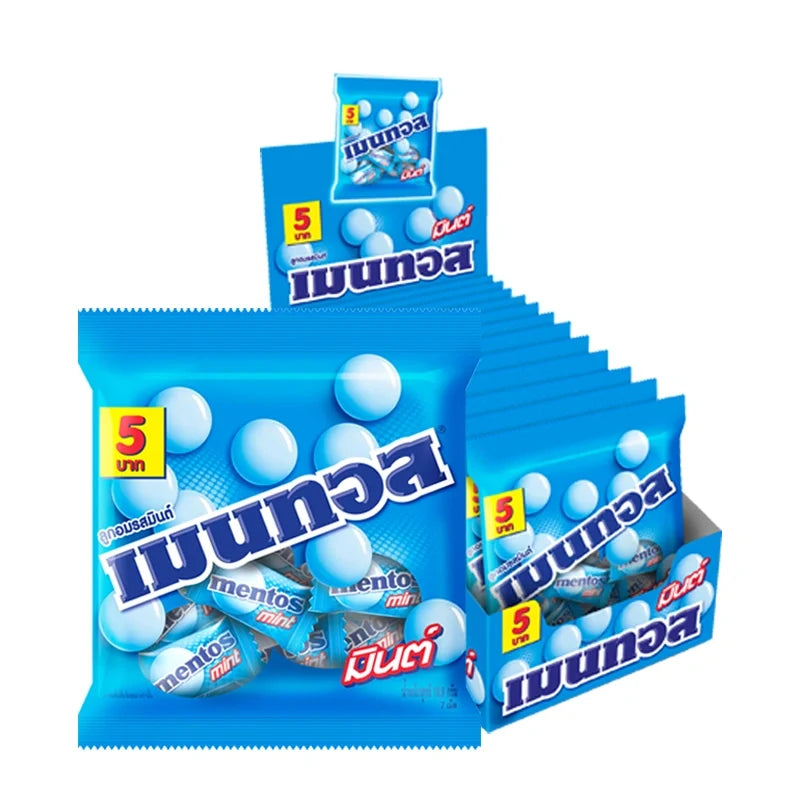 Mentos Mini Bag Mint Candy, 18.9g, showing small green mint candies in a clear bag from the MENTOS brand.