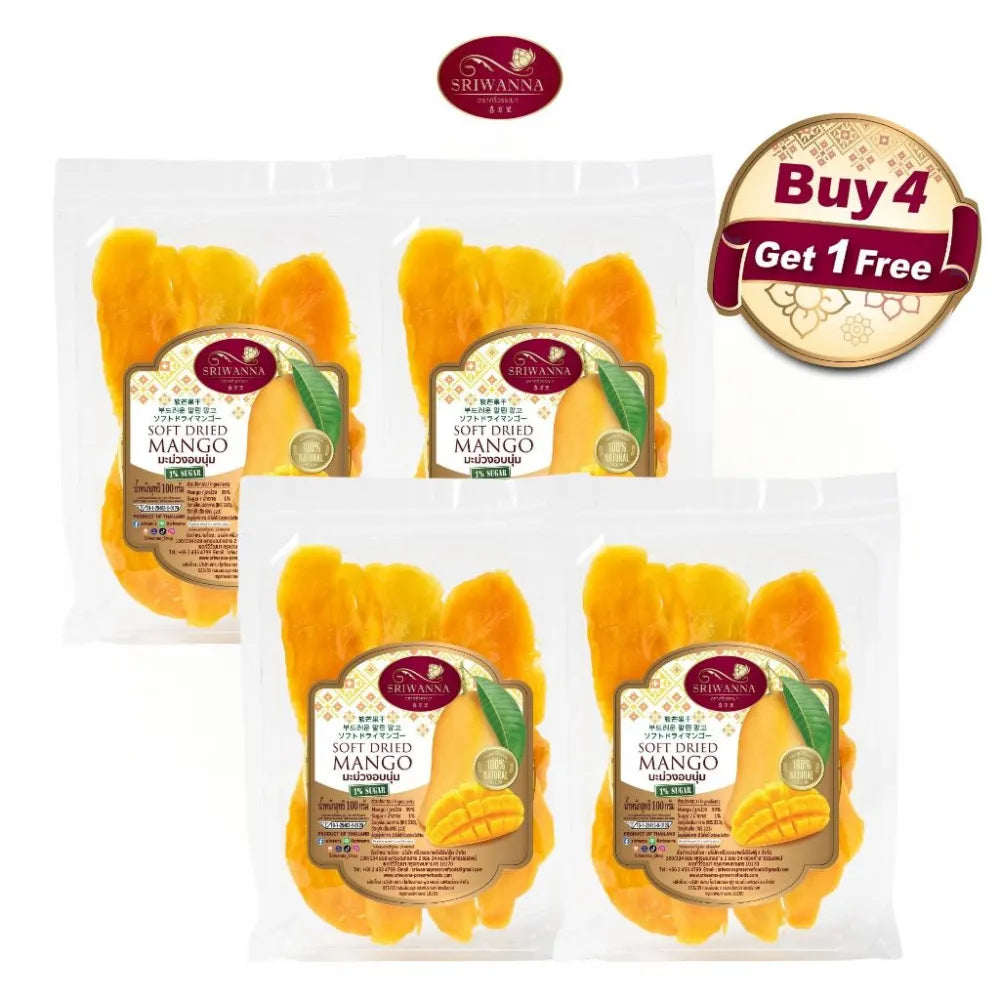 Sriwanna soft dried mango in 100g pack, showcasing vibrant, chewy dried fruit from Sriwanna dry grocery brand.