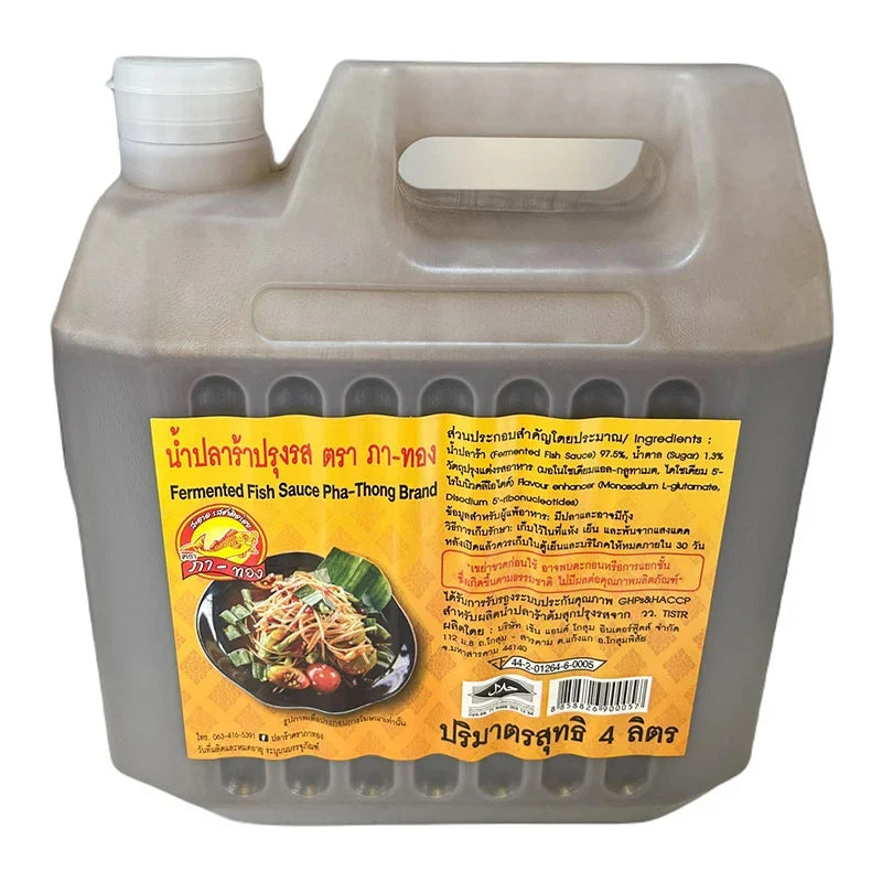Pa-thong Patong fermented fish sauce 4L bottle, traditional Thai dry grocery product with dark liquid inside a clear plastic container.