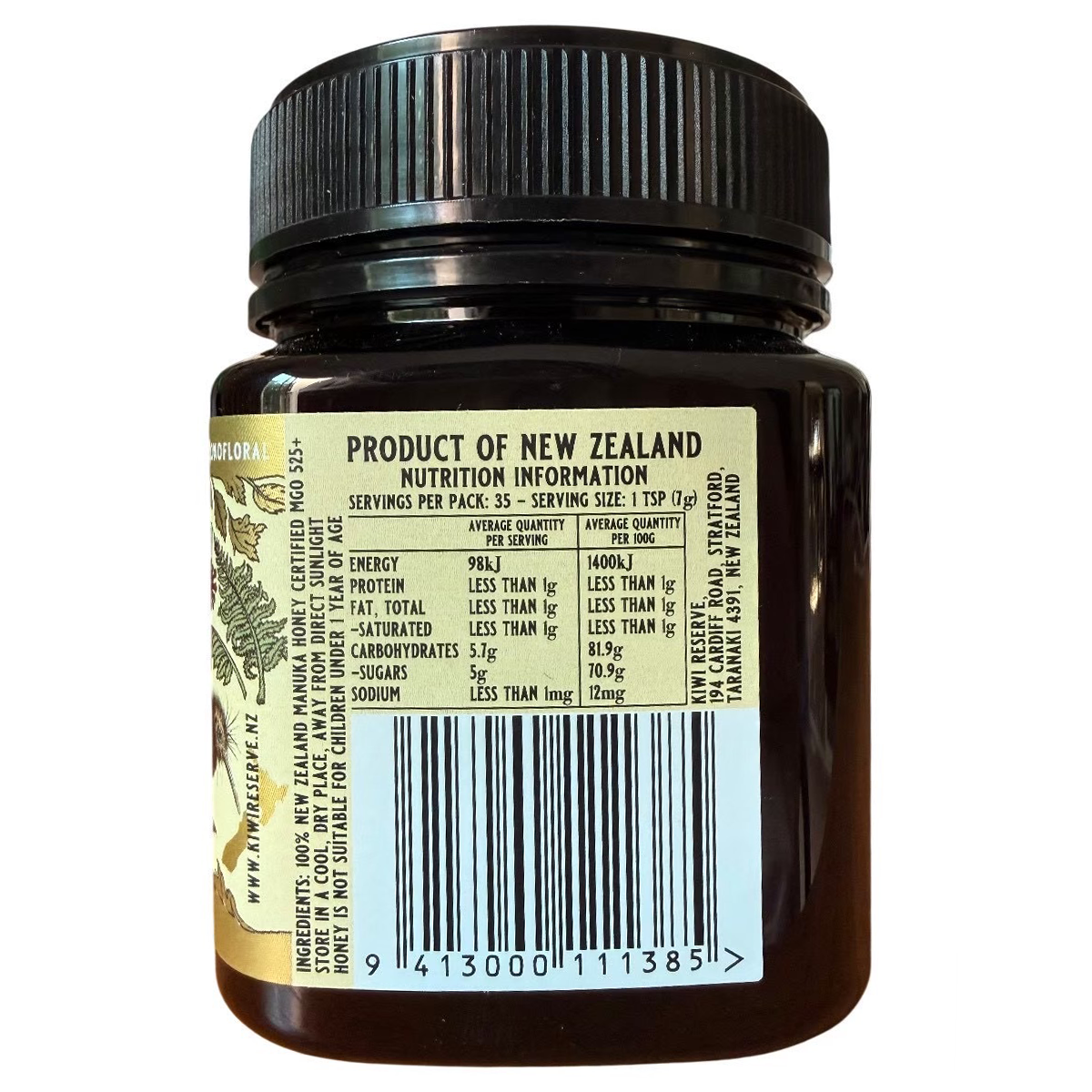 Jar of Kiwi Reserve NZ Monofloral Manuka Honey MGO 525+ with golden honey color and label showing product and brand details.