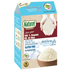 Organic Naturel Rice RD43 in 1kg packs, displayed in a dry grocery setting, showcasing clean, white rice grains in a clear bag.