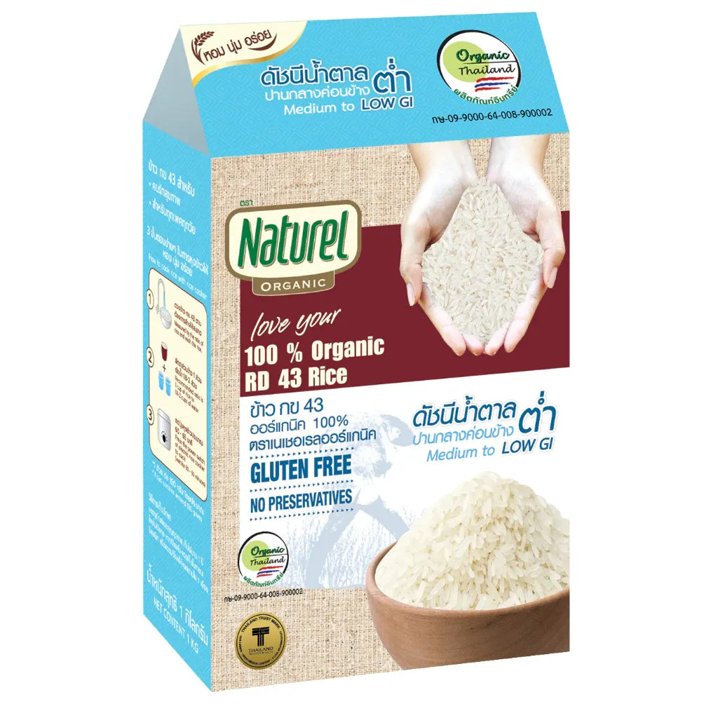 Organic Naturel Rice RD43 in 1kg packs, displayed in a dry grocery setting, showcasing clean, white rice grains in a clear bag.
