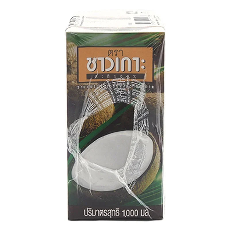 Chaokoh coconut milk in 1L cartons, traditional Thai brand, showing two bottles of creamy coconut milk for cooking and recipes.