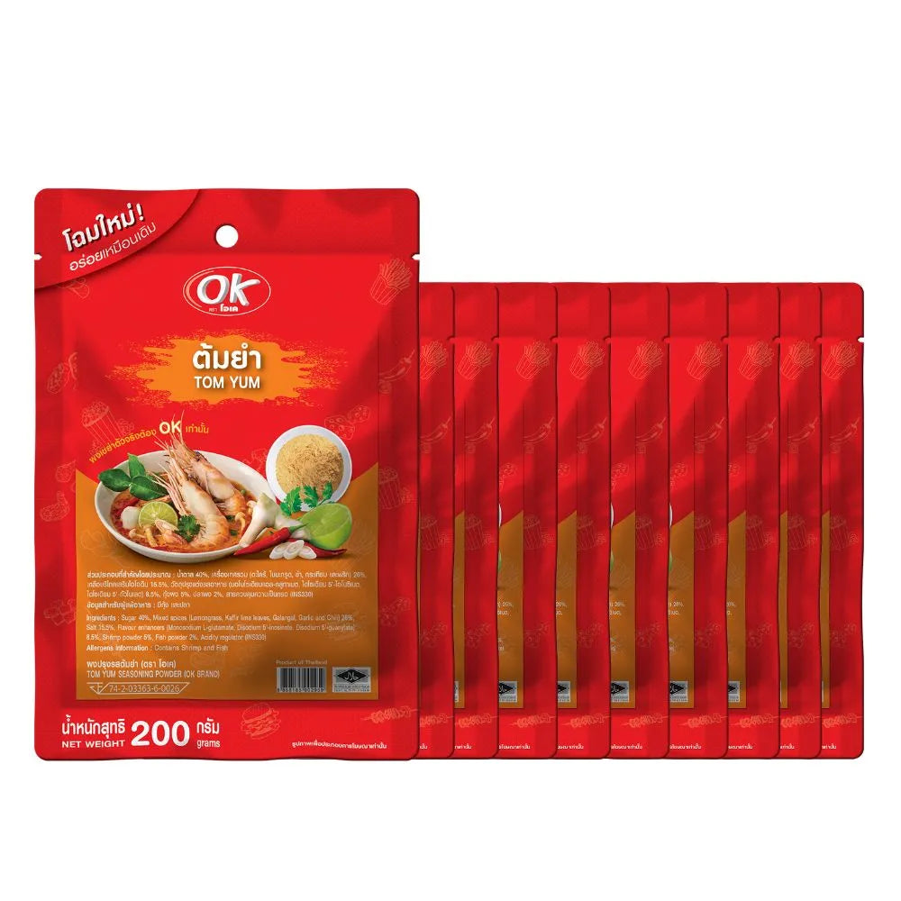 OK Shake Powder Tom Yum flavor 200g jar, dry grocery product with vibrant packaging, ideal for adding Thai flavor to dishes