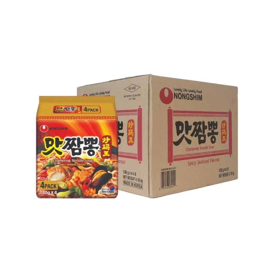 Nongshim Champong spicy seafood flavored noodle soup in a dry grocery package with vibrant packaging design.