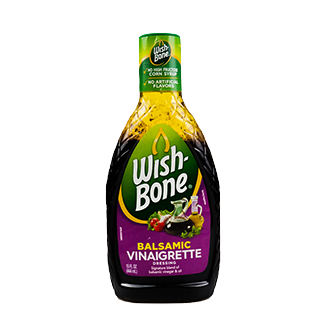 Wishbone Balsamic Vinaigrette dressing bottle with label, used for salads and groceries.