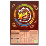 Weetabix Weetos Chocolate Hoops in a bowl with milk, showcasing chocolate cereal pieces and a spoon for breakfast.