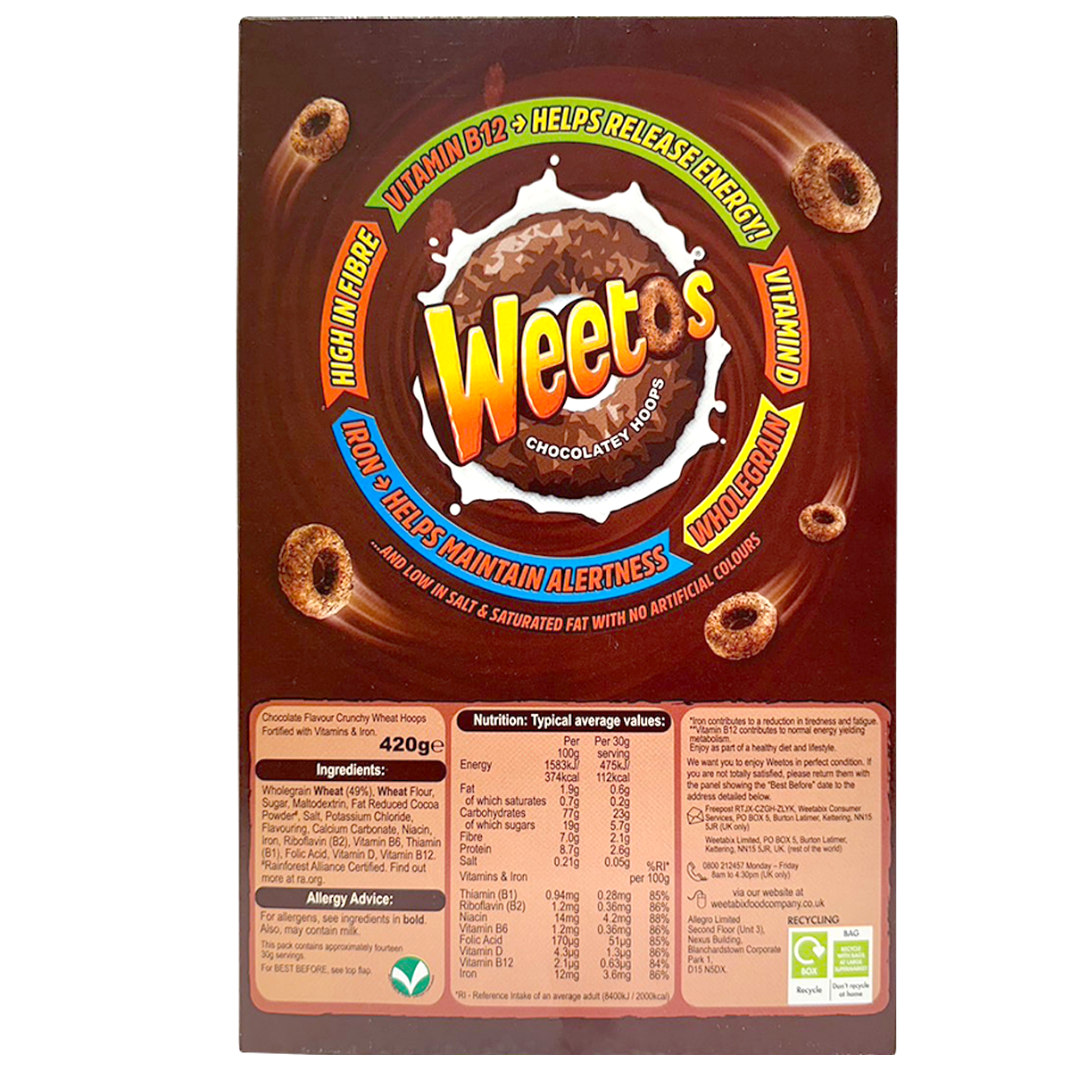 Weetabix Weetos Chocolate Hoops in a bowl with milk, showcasing chocolate cereal pieces and a spoon for breakfast.