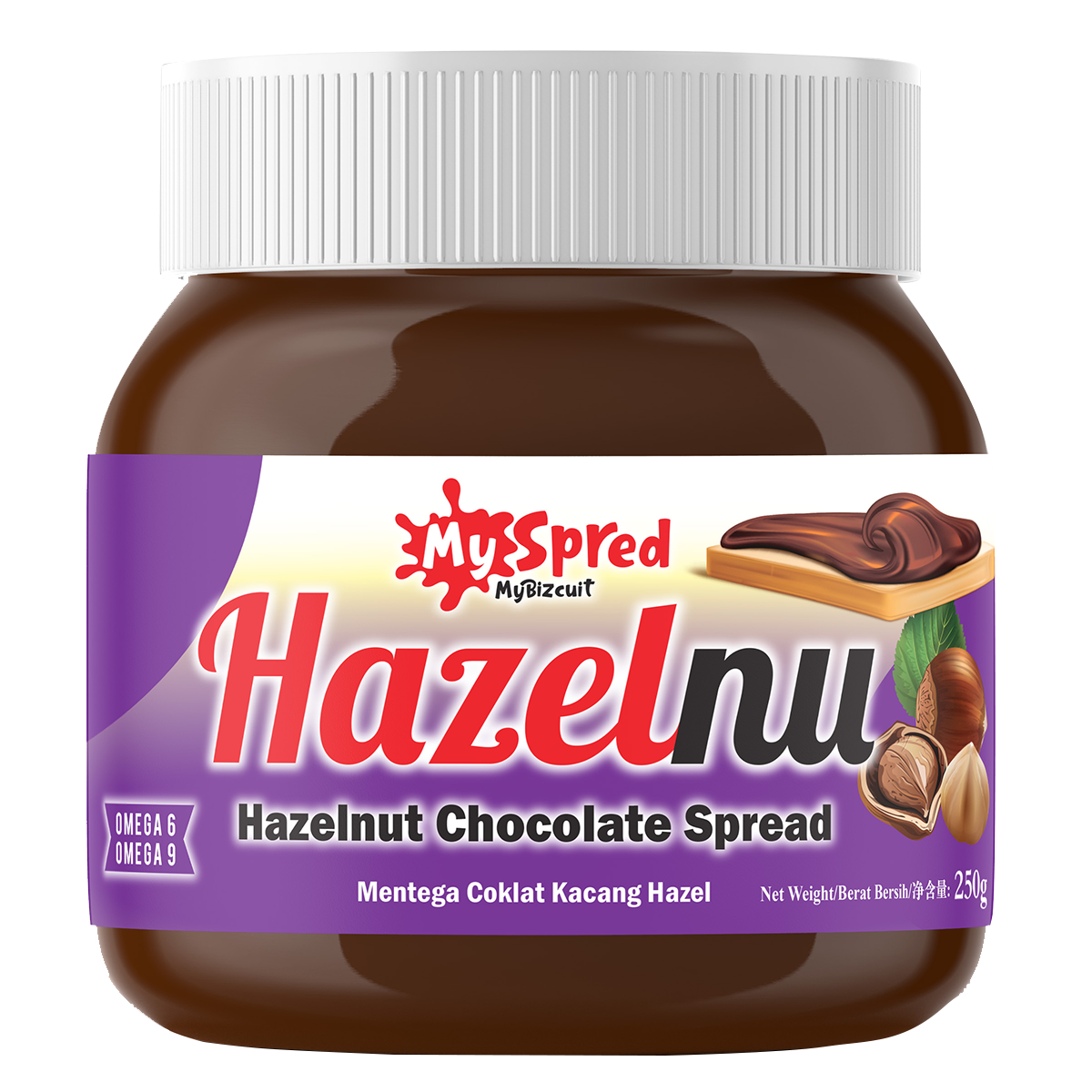 My Bizcuit Hazelnut Chocolate Spread jar with label, showcasing the creamy hazelnut and chocolate flavor for breakfast or snacks.