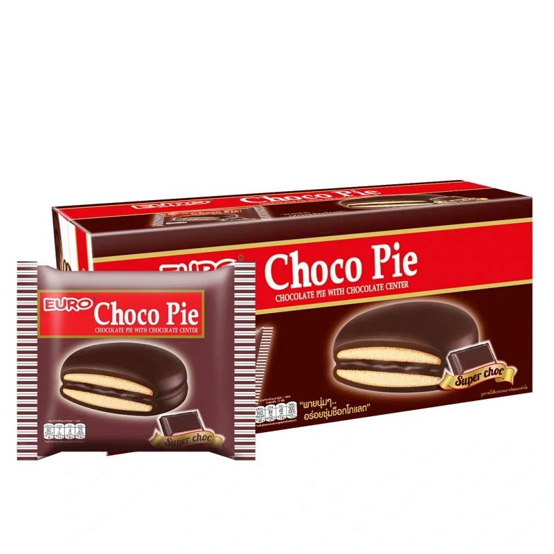 Euro Choco Pie Chocolate snack, 18g, featuring a chocolate-coated confectionery with a soft filling, from the EURO brand.