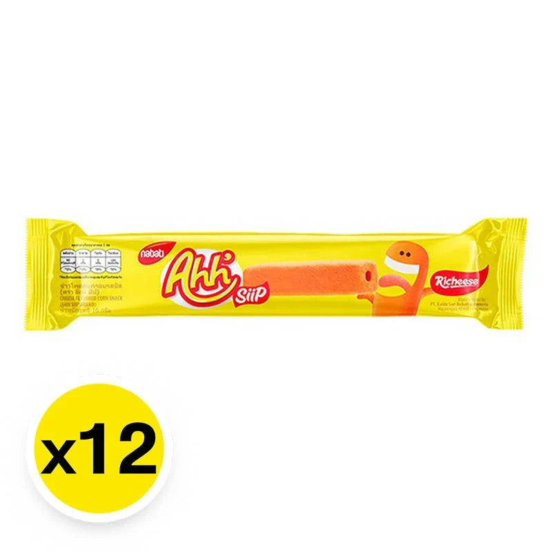 AHH Siip Corn Snack Cheese 16g, crispy corn snack with cheesy flavor, in colorful packaging, ideal for dry grocery snack aisles.