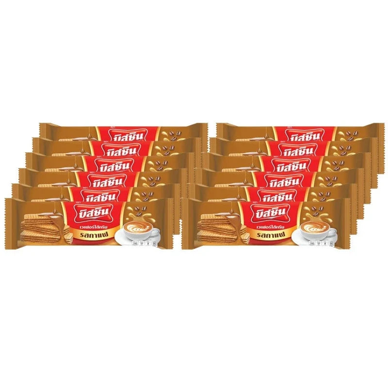 BISSIN coffee flavored wafer sachet, dry grocery product, showing a crispy wafer with coffee flavor packaging.