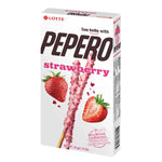 Pepero Biscuits Strawberry flavor snack pack showing chocolate-coated biscuit sticks with strawberry flavor on the packaging.