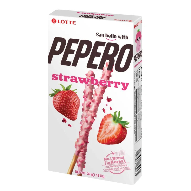 Pepero Biscuits Strawberry flavor snack pack showing chocolate-coated biscuit sticks with strawberry flavor on the packaging.