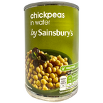 Canned Sainsbury's chickpeas in water, a grocery item with beige chickpeas visible inside the can.