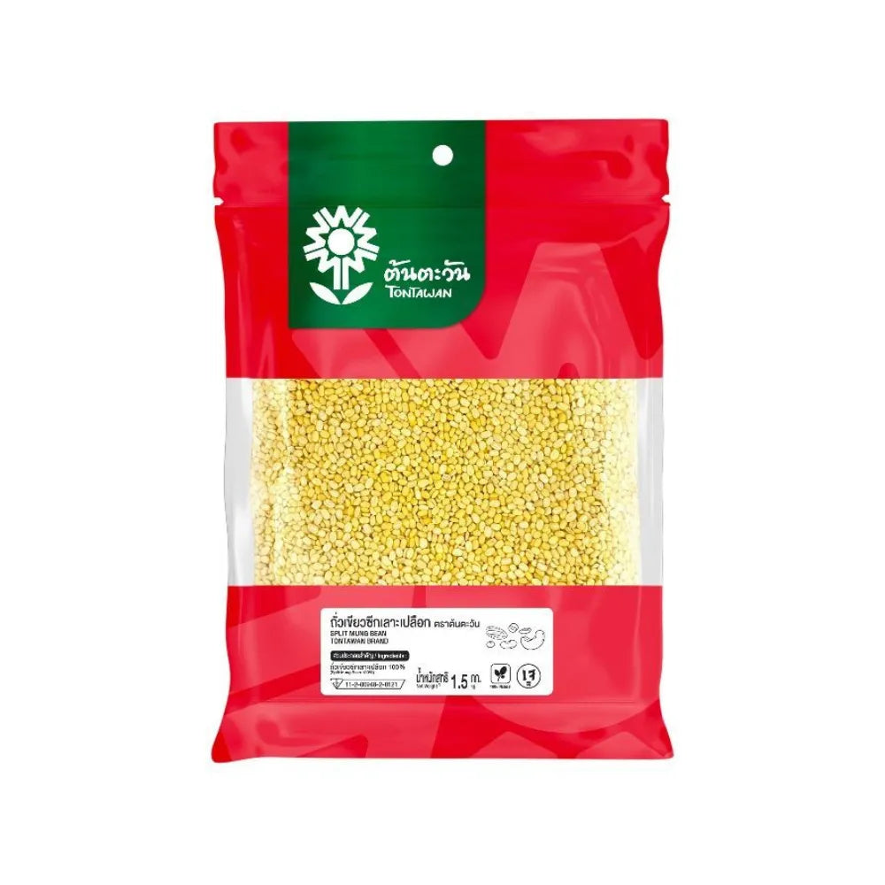 Tontawan shelled mung beans in a 1.5kg package, dry grocery product with green mung beans visible in a clear image
