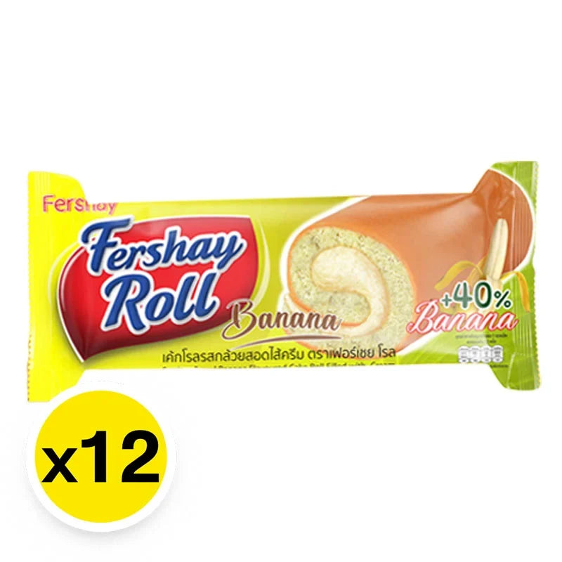 Fershay Banana Cake Roll snack in 20g package, dry grocery confectionery with banana flavor and soft cake texture.