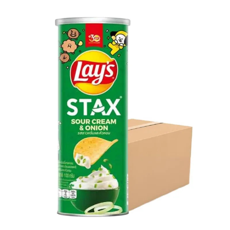 Lays Stax Sour Cream & Onion snack pack, 100g x16, crispy potato chips in a savory sour cream and onion flavor.