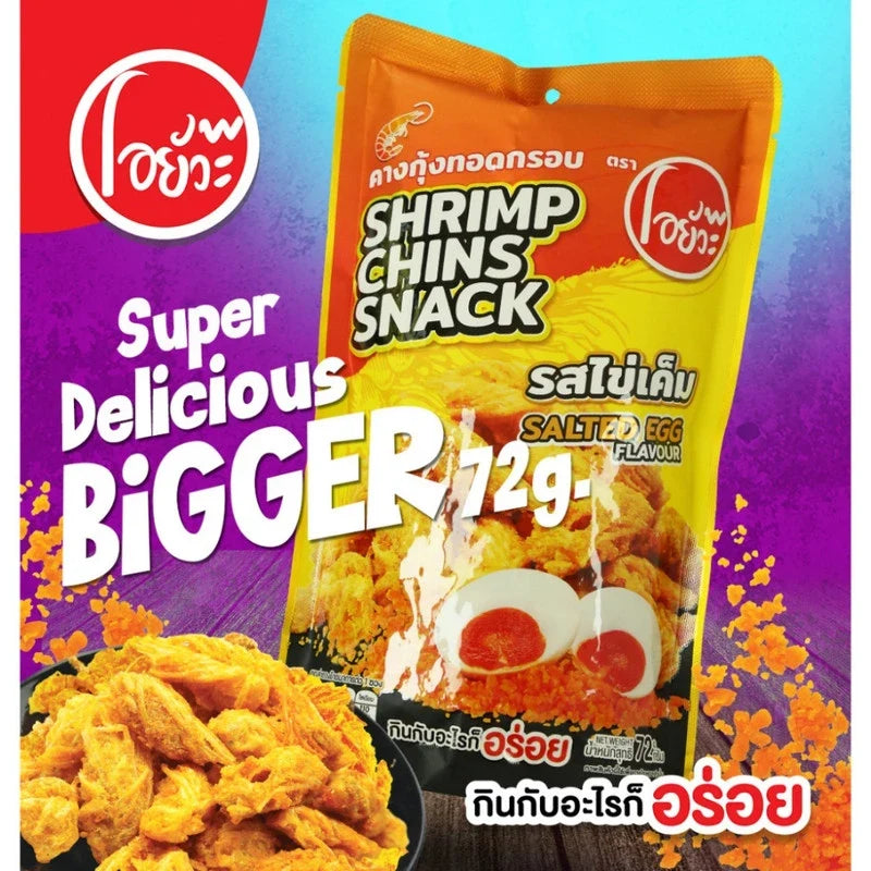 O-YUA crispy fried shrimp snack with salted egg flavor, 72g, showcasing golden, crunchy shrimp pieces in a snack confectionery package.