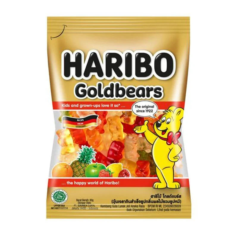 Haribo Gummy Gold Bears in a clear bag, colorful candy snacks from the HARIBO brand, suitable for dry grocery and confectionery.