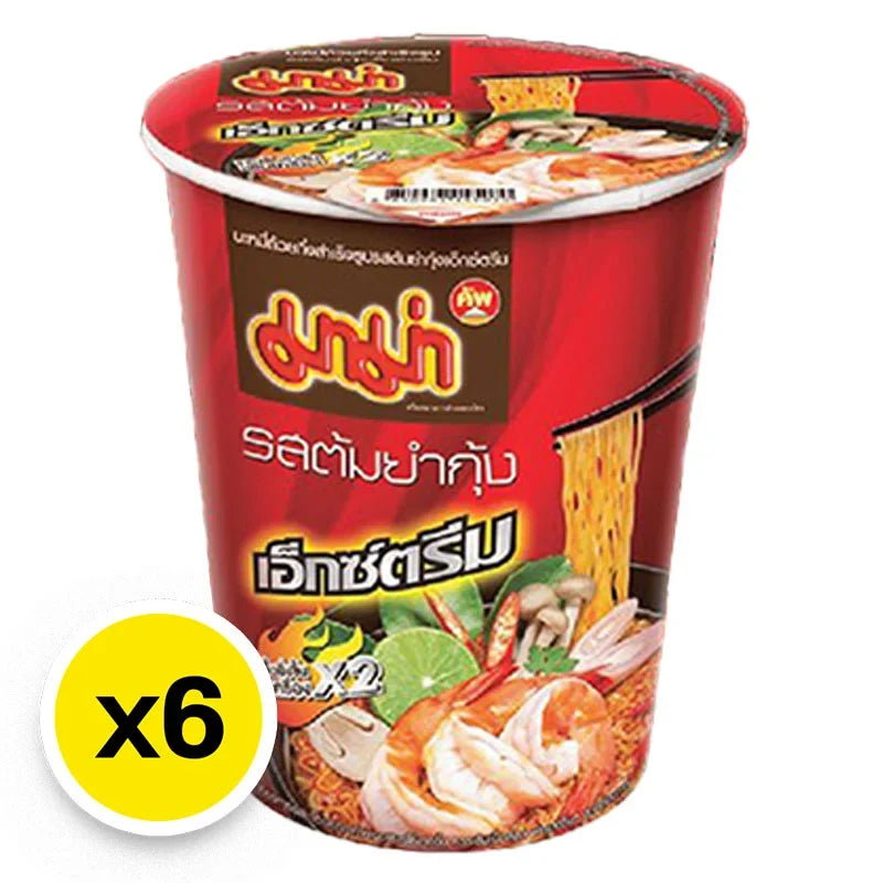 Mama Cup Instant Noodle Tom Yum Kung X Treme, 60g x 6, dry grocery package with colorful flavor branding and noodles inside.